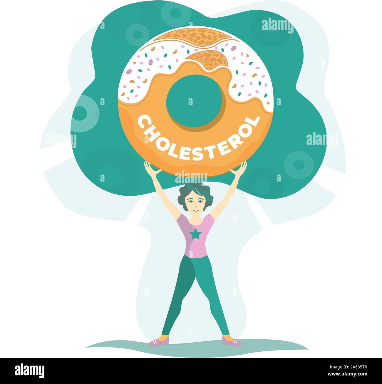 Illustration of a woman in sportswear fights with a big sweet donut and wins. The concept of the dangers of unhealthy diets, cholesterol plaques from Stock Vector