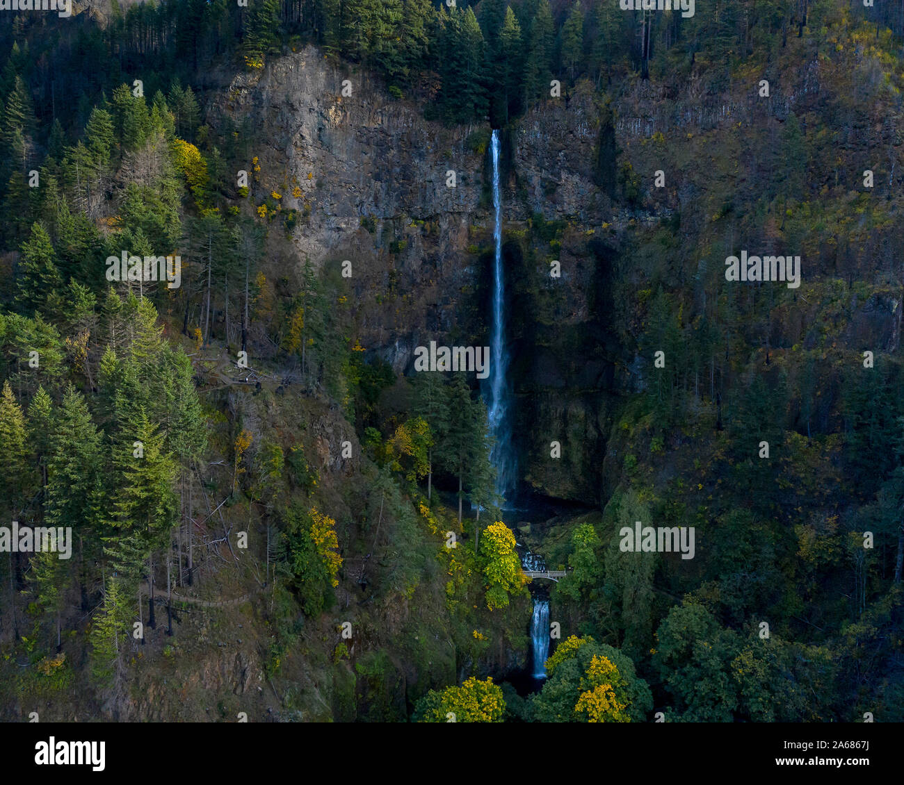 Aerial view of Upper and Lower Multmomah Falls in autumn. Stock Photo
