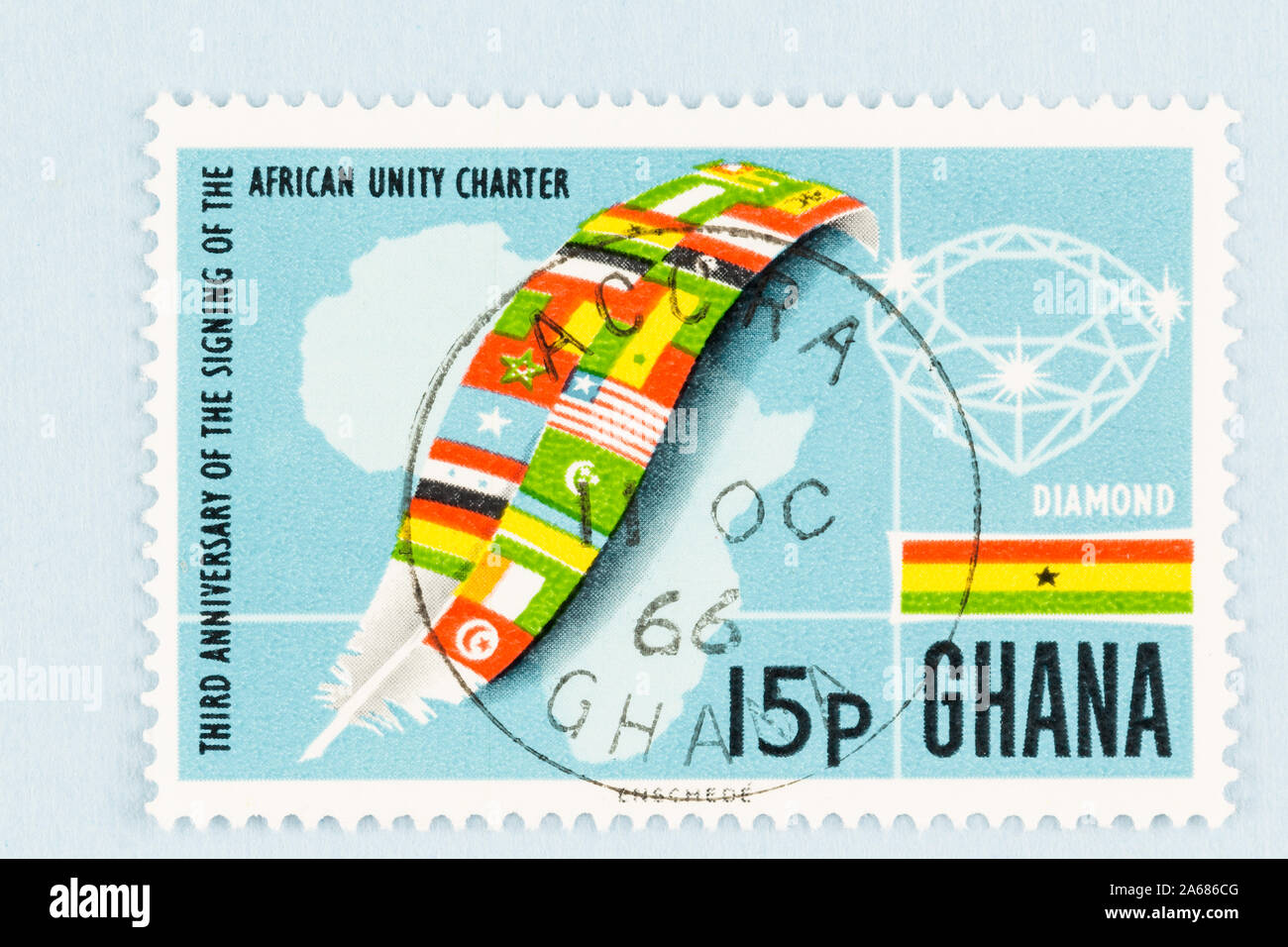 Ghana postage celebrating 3rd anniversary Signing of the African Unity Charter. Stamp with diamond, Africa silhouette and a large feather with flags. Stock Photo