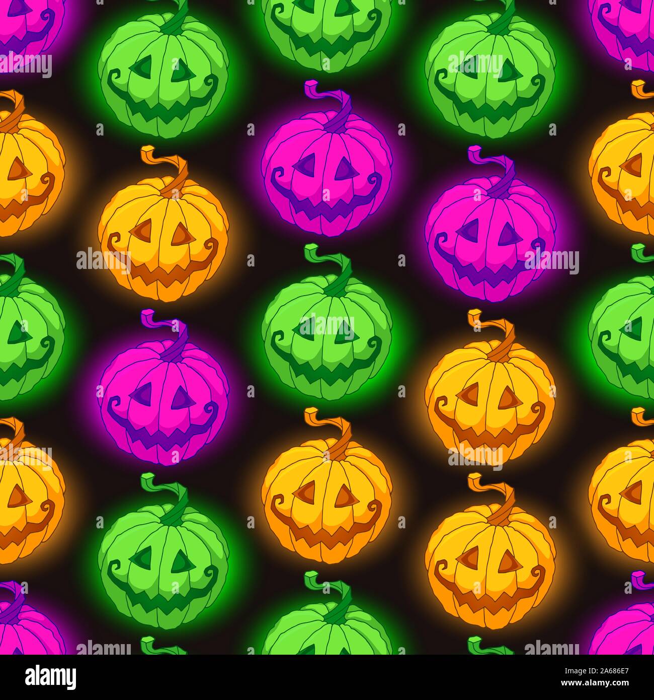 Halloween vector pattern seamless background with cute smiling glowing ...