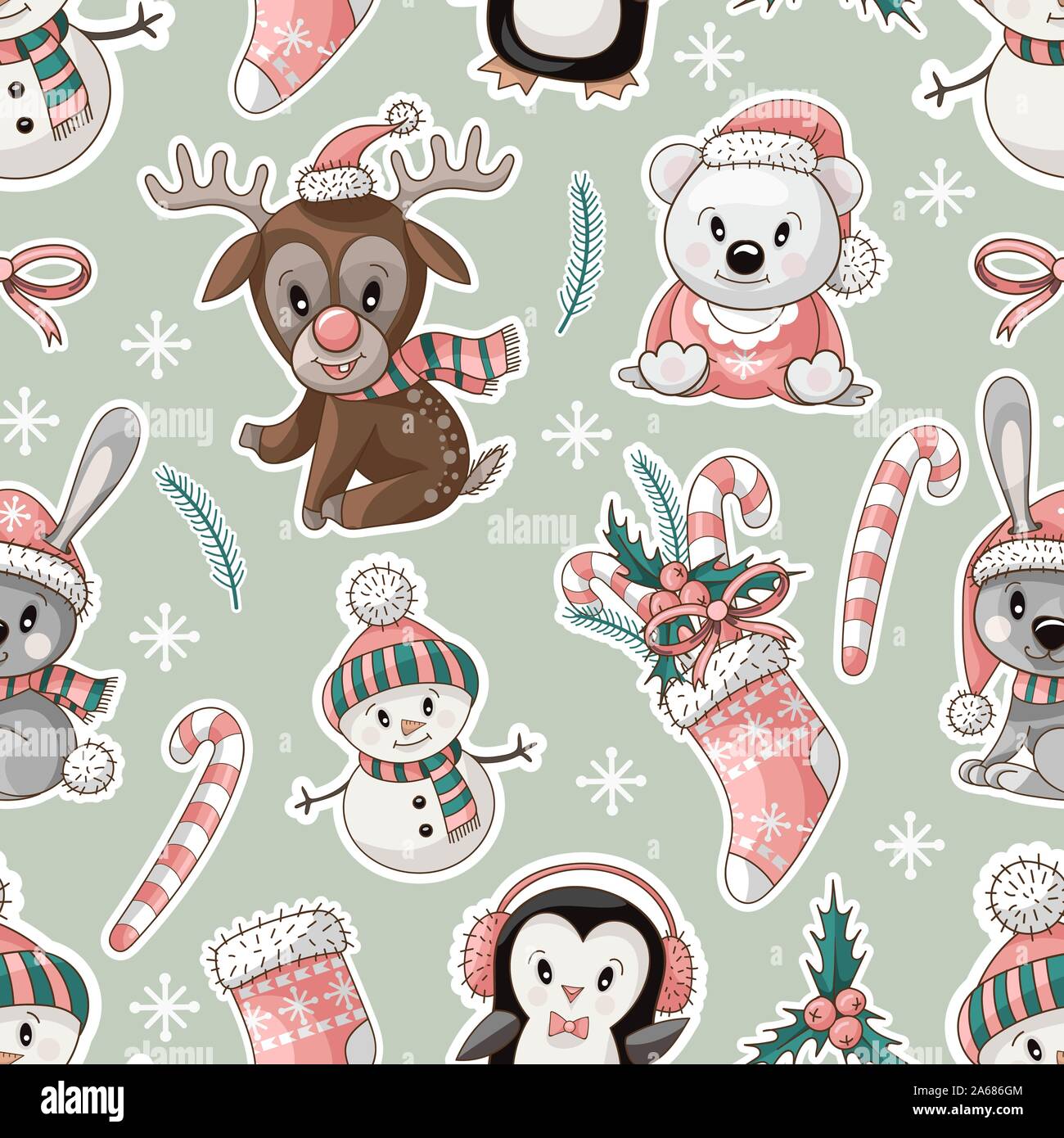 Seamless pattern with cute baby animals on Christmas wear. Vector Stock ...