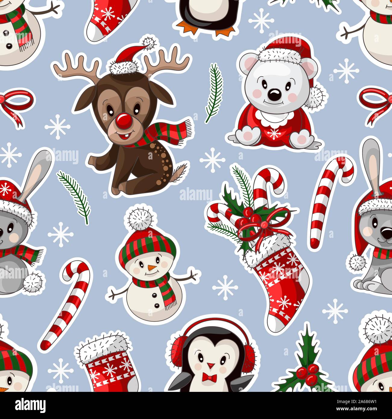 Seamless pattern with cute baby animals on Christmas wear. Vector Stock ...