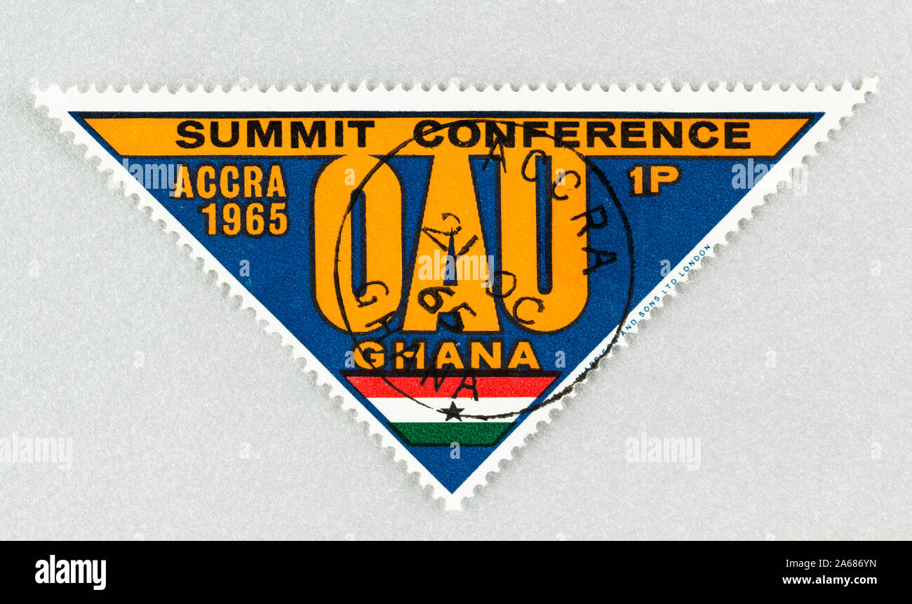 Close up of Ghana postage stamp, featuring the Summit Conference, Organization of African Unity, OAU,  Accura 1965, 1p denomination. Stock Photo
