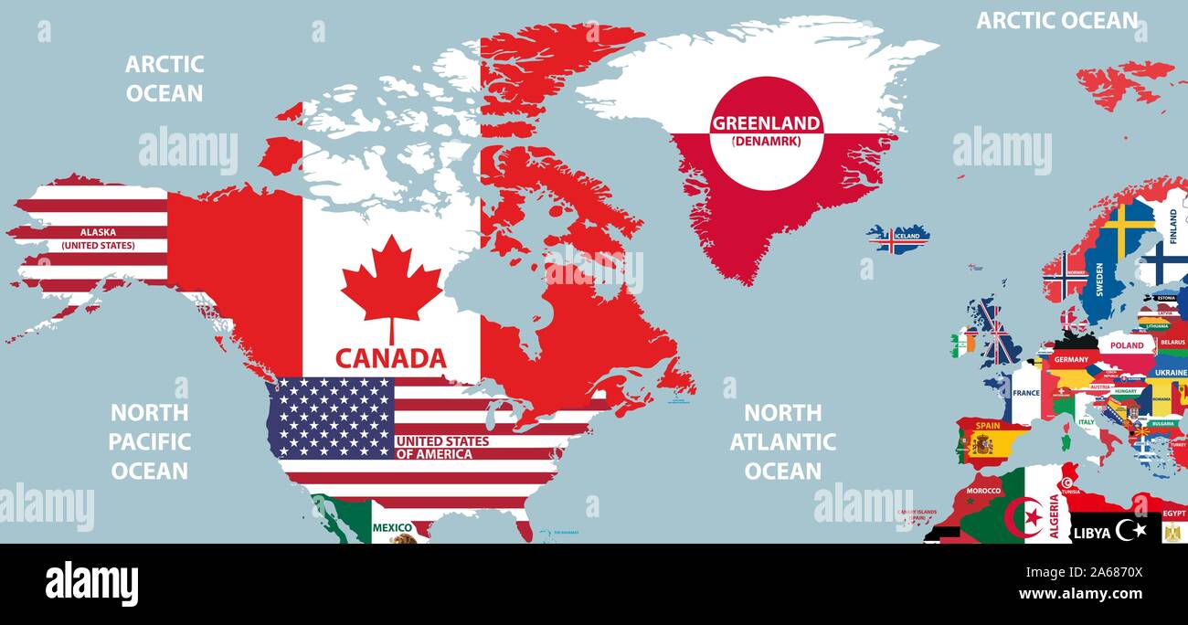 vector part of world map with region of North American and European  countries mixed with their national flags Stock Vector