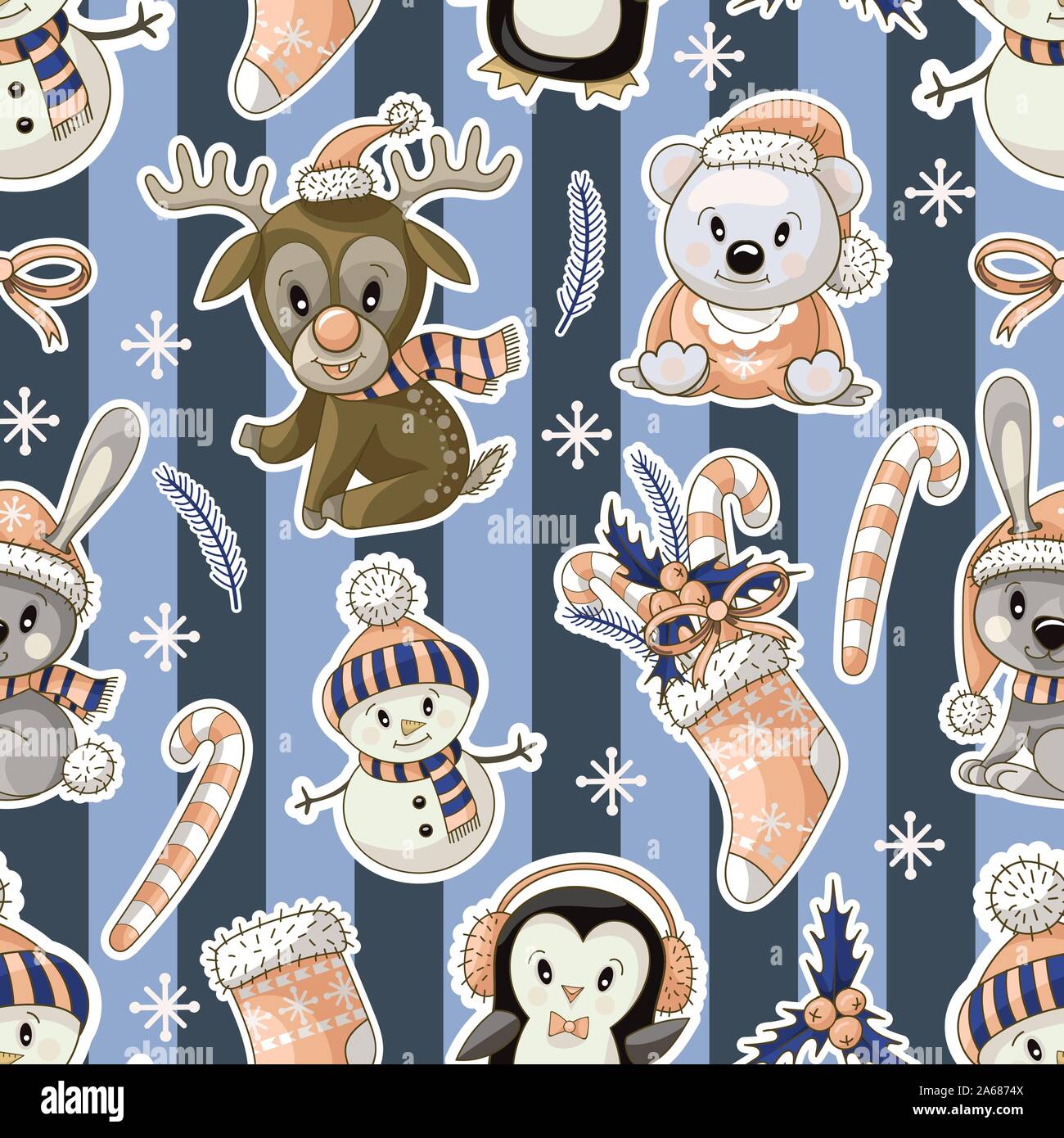 Seamless pattern with cute baby animals on Christmas wear. Vector Stock ...