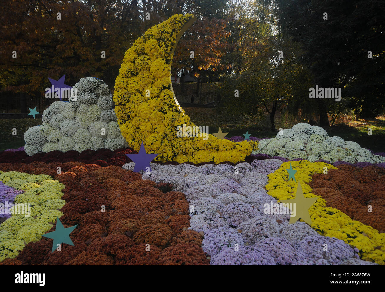 Flower Constellation Chrysanthemum Festival at the Singing Field in Kiev. Stock Photo