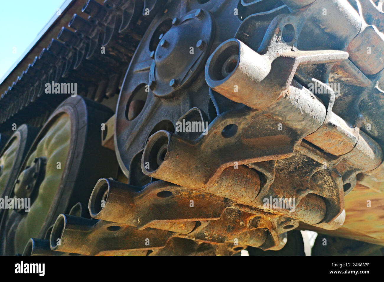 Caterpillar armored vehicle. Chassis tank. Tank tracks. Closeup Stock
