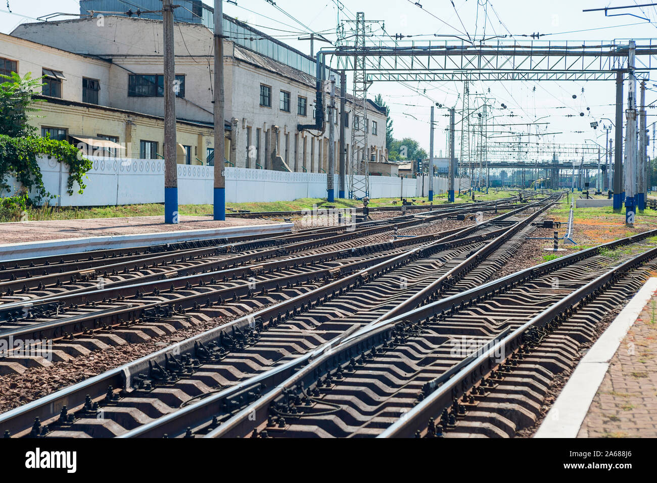 Railway or railroad tracks for train transportation. Railway pointwork, railway tracks, high-speed rail. Stock Photo