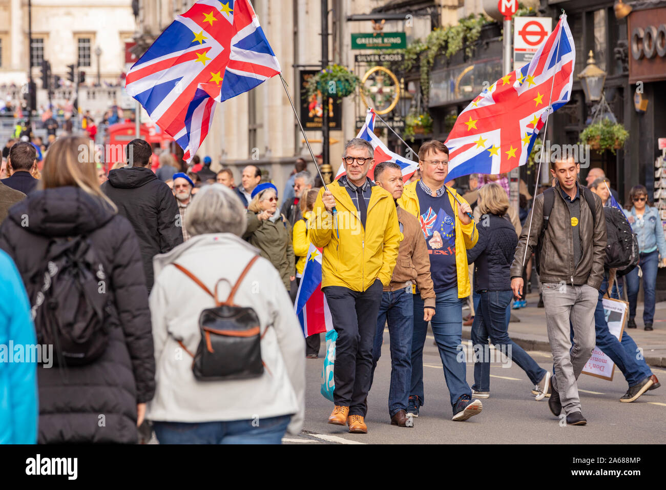 Whitehall, London, UK; 19th October 2019; Crowd of anti-Brexit Protesters Marching During 'Final Say' Protest Carrying Union Jack Flags With EU Stars Stock Photo