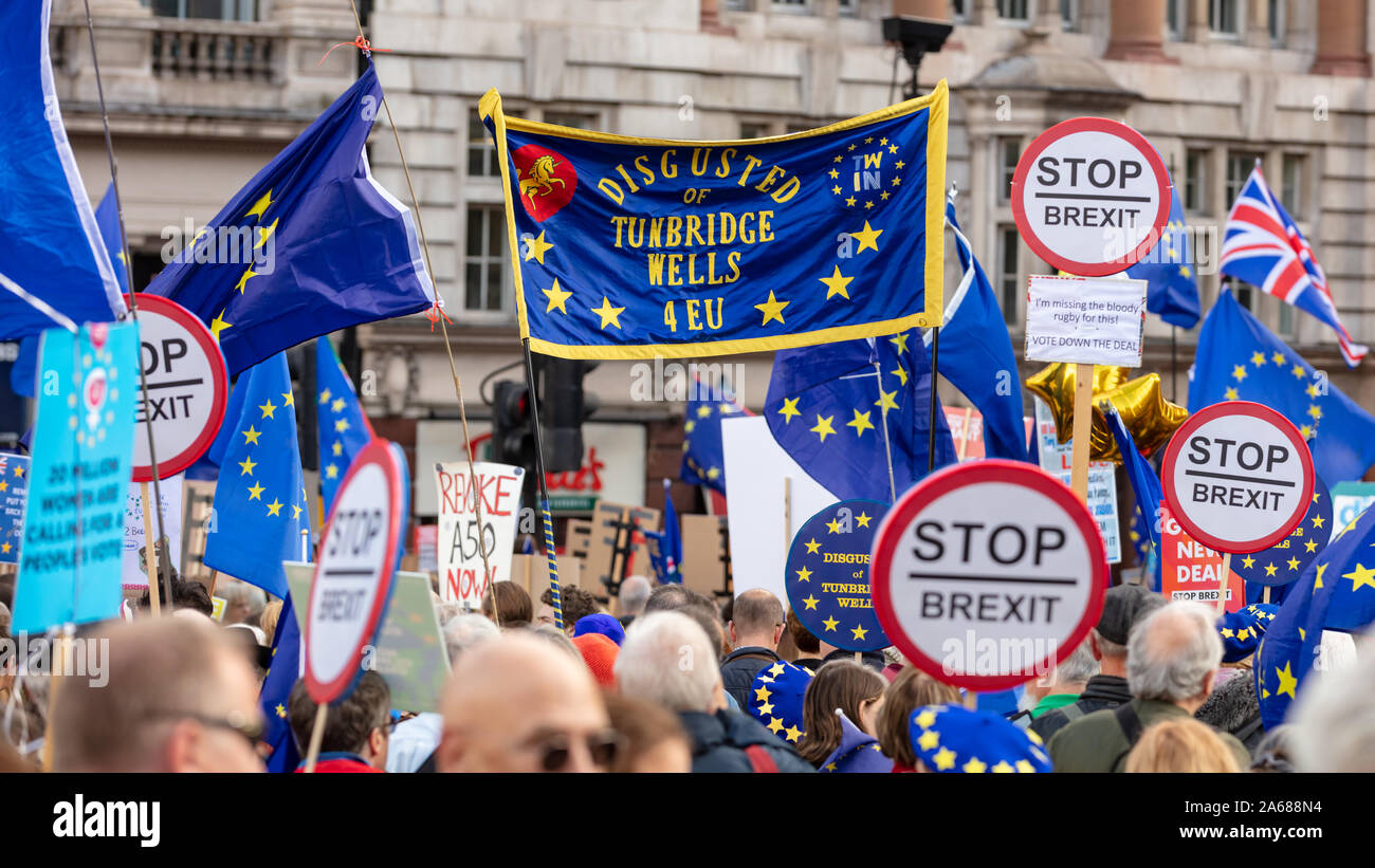 Whitehall, London, UK; 19th October 2019; Crowd of anti-Brexit Protesters Marching and Holding anti-Brexit Signs During the 'Final Say' Protest. Stock Photo