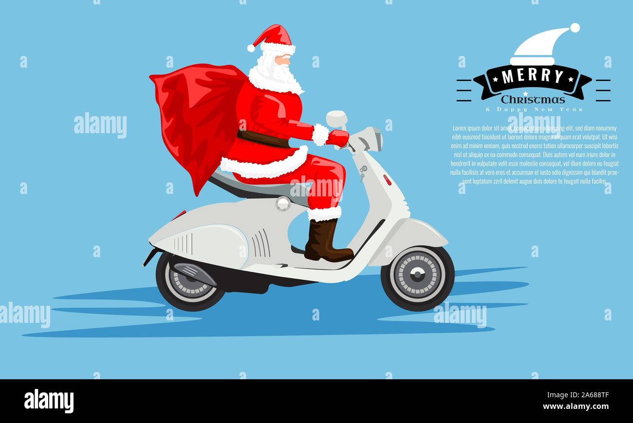 Santa Claus with a sack riding a vintage scooter for your greeting card or cover design. Cartoon style vector illustration. Stock Vector