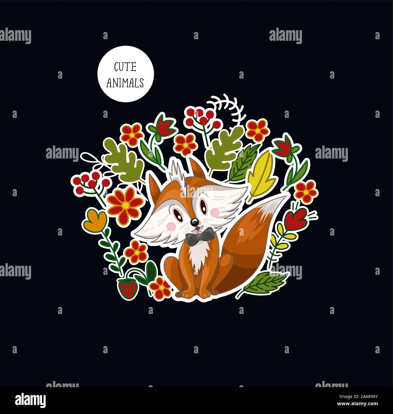 Postcard with cute baby fox and flowers for kids. Vector Stock Vector ...