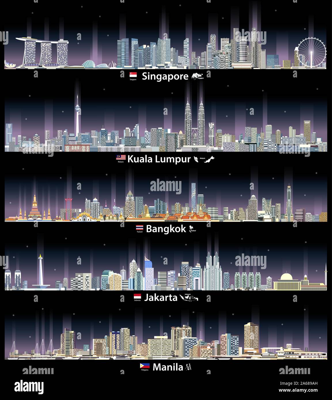 vector illustration of Singapore, Kuala Lumpur, Bangkok, Jakarta and Manila cityscapes at night Stock Vector