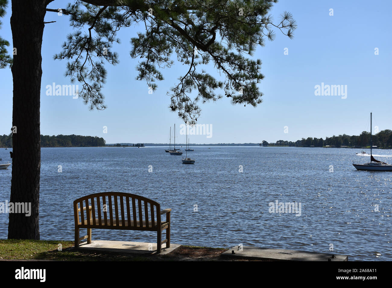 A Waterfront Park in Bath, North Carolina with Sailboats Anchored in