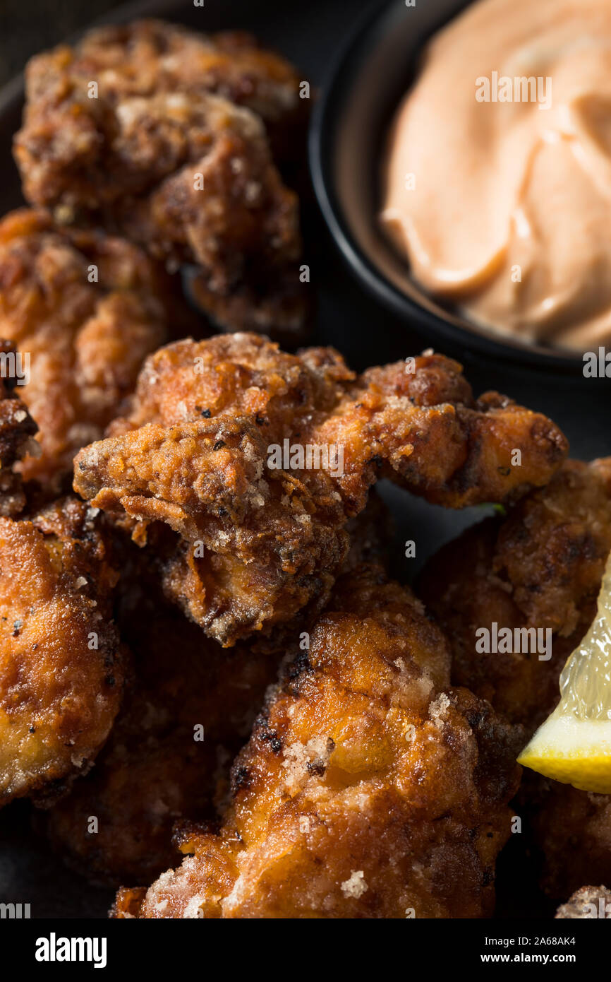 Homemade Japanese Fried Chicken Karaage with Mayo and Lemon Stock Photo