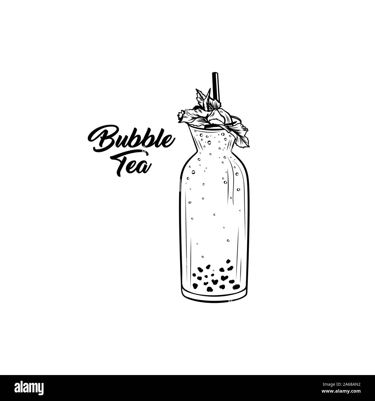 Bubble tea hand drawn black ink illustration. Pearl milk tea with fresh herbs decor in glass bottle outline.Taiwanese cocktail with chewy tapioca balls sketch with lettering. Cafe menu design element Stock Vector