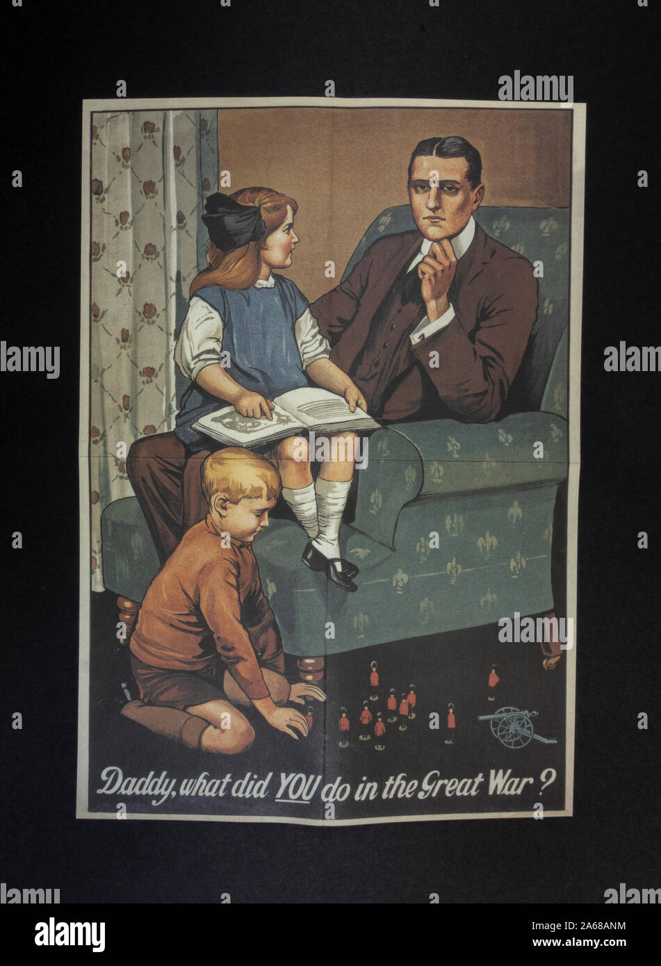 'Daddy, what did YOU do in the Great War?' recruitment poster, a piece of replica memorabilia from the World War One era. Stock Photo