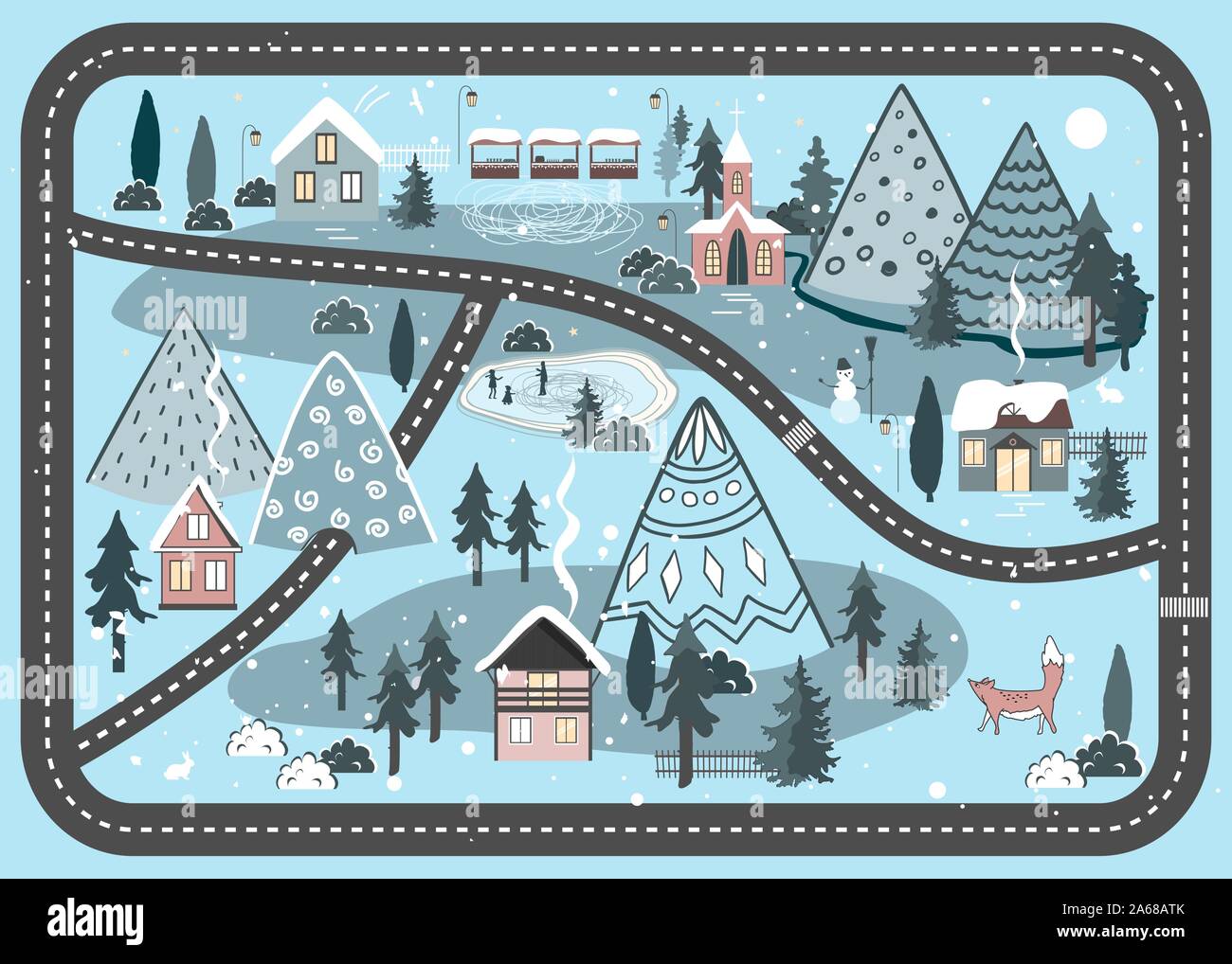 Winter vector road background with night landscape with village and church in the woods. Beautiful Christmas Nature with City in the Mountains. Stock Vector