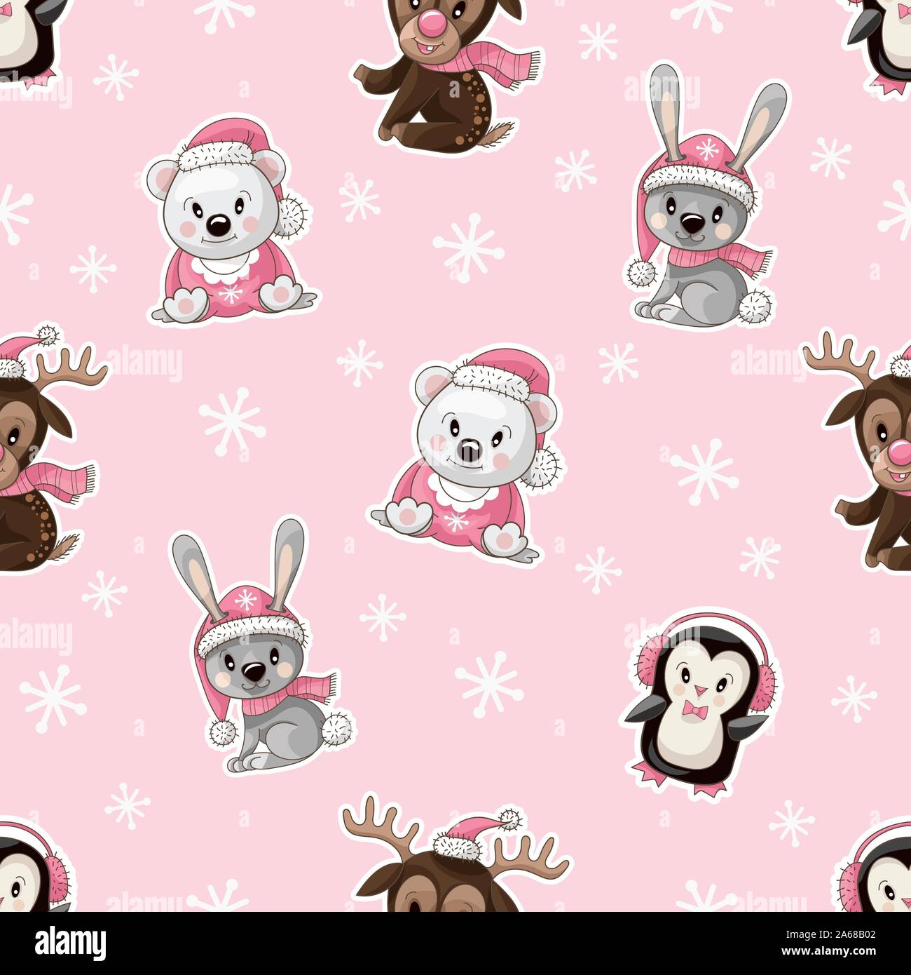 Seamless pattern with cute baby animals on Christmas wear. Vector Stock ...