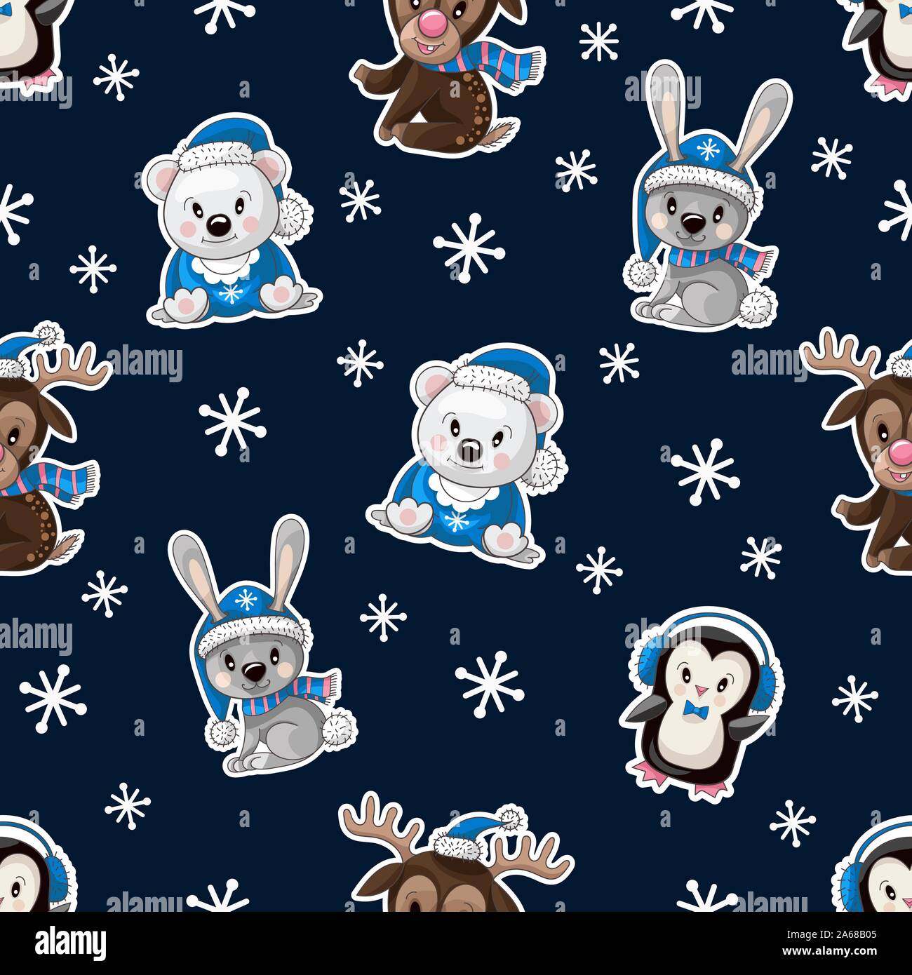 Seamless pattern with cute baby animals on Christmas wear. Vector Stock ...