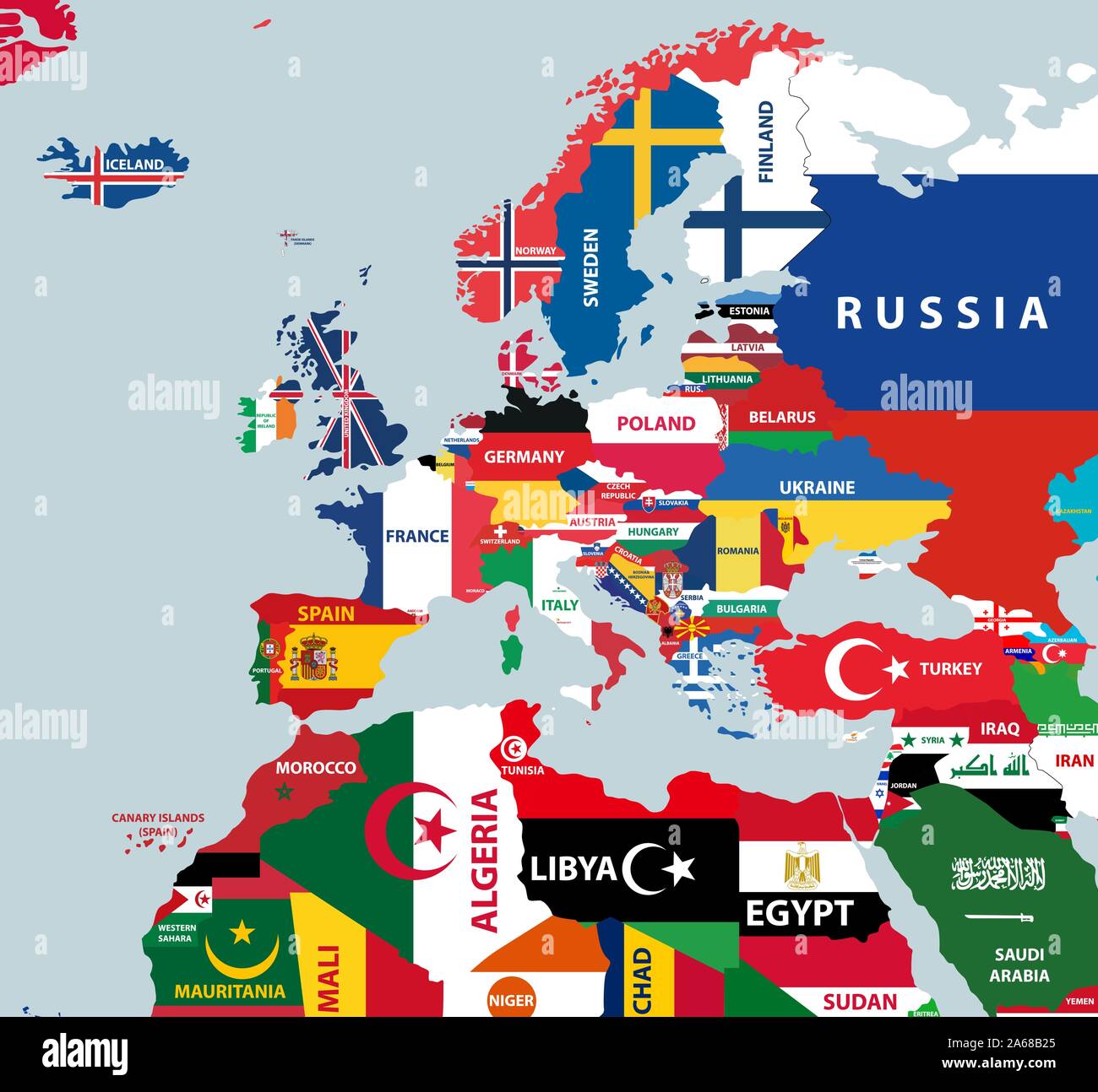 vector part of world map with region of european and north african countries mixed with their national flags Stock Vector