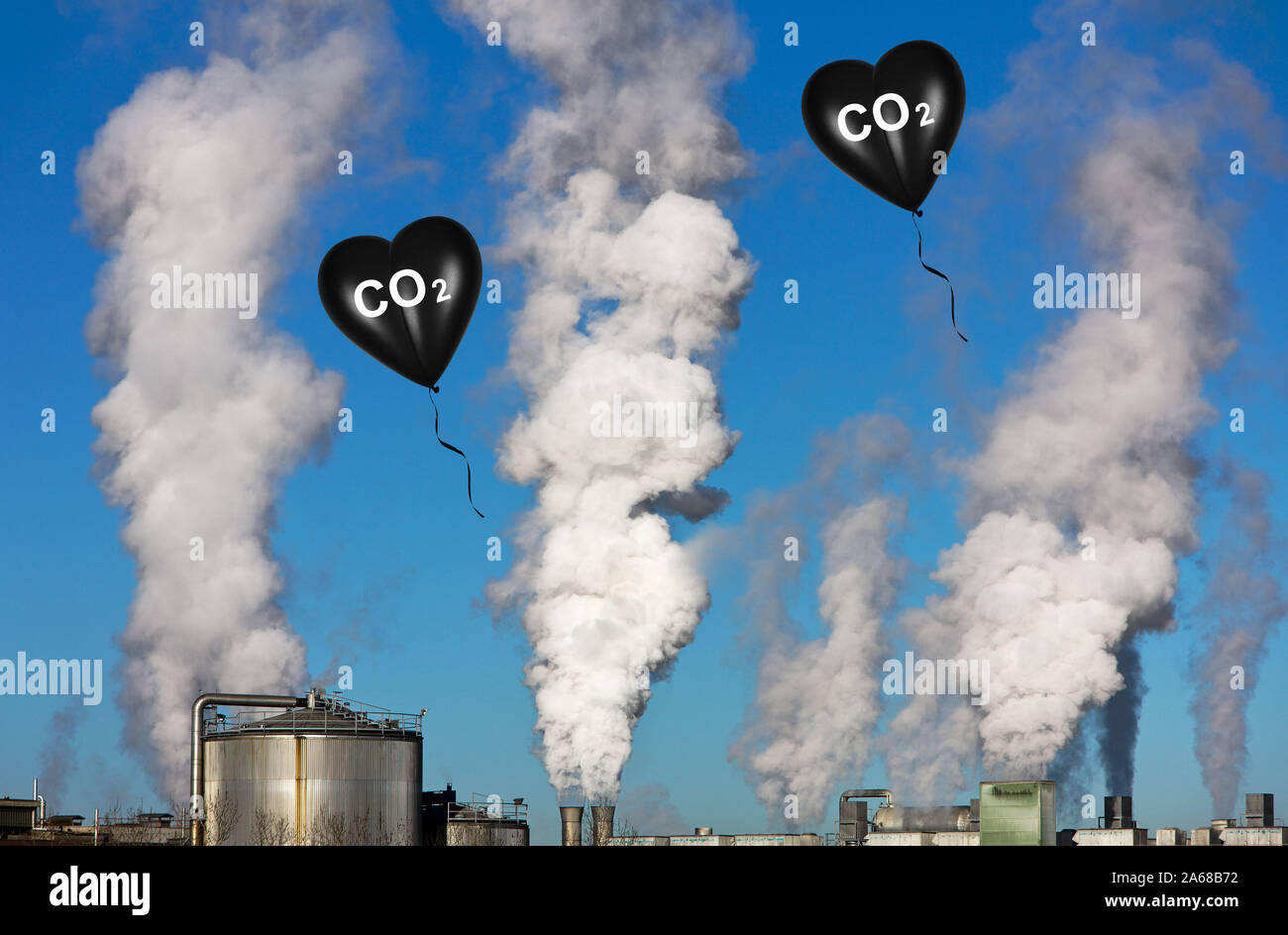 Schwarzes Herz, Luftballon, Herzluftballon, Aufdruck: CO2, Schadstoffe, unbrennbar, Gas, Atemluft, Erkrankung, Umwelt, Schadstoffausstoss, Umweltversc Stock Photo