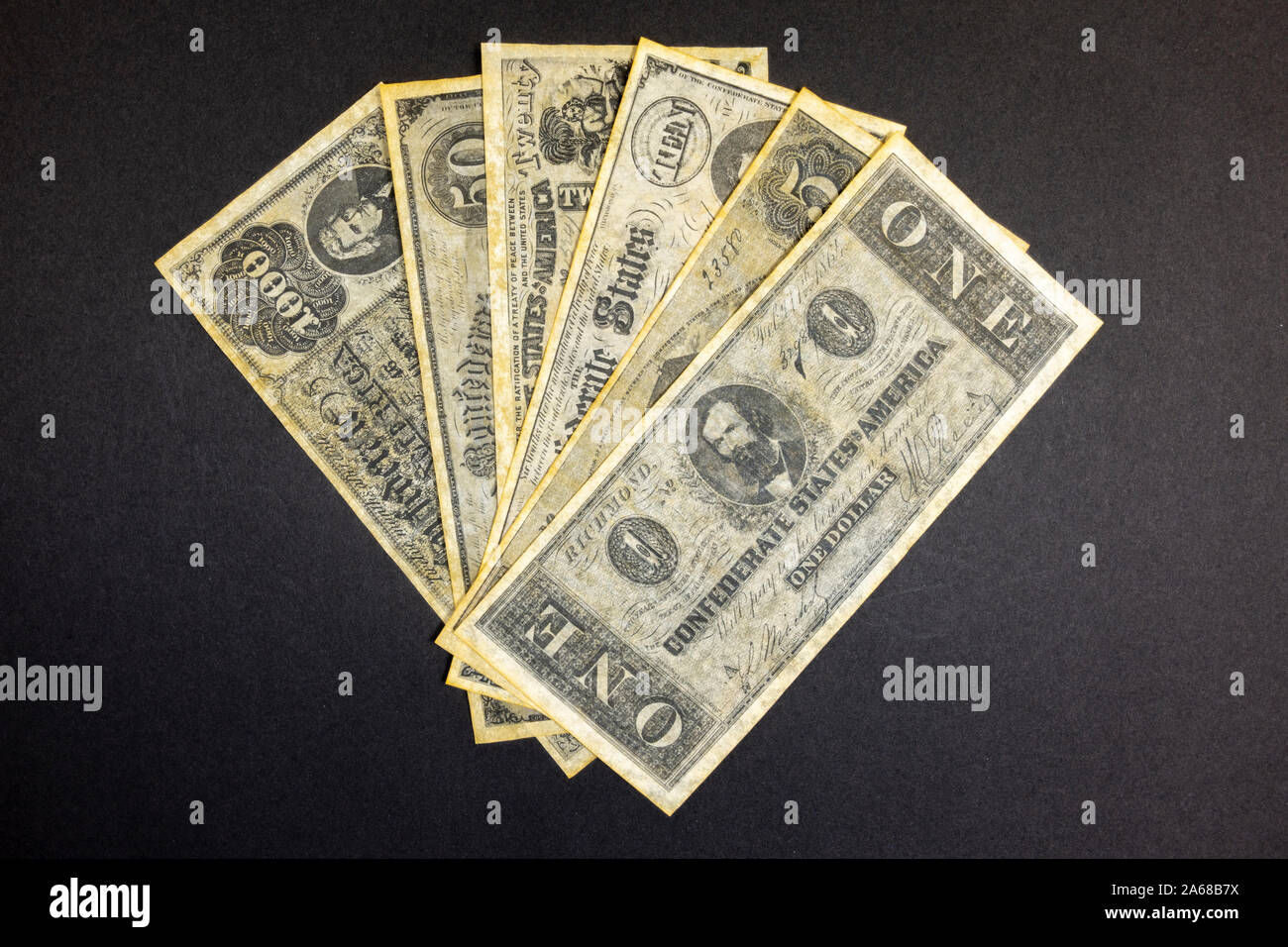 A pile of replica Confederate States of America currency (from the American Civil War 1861-1865). Stock Photo