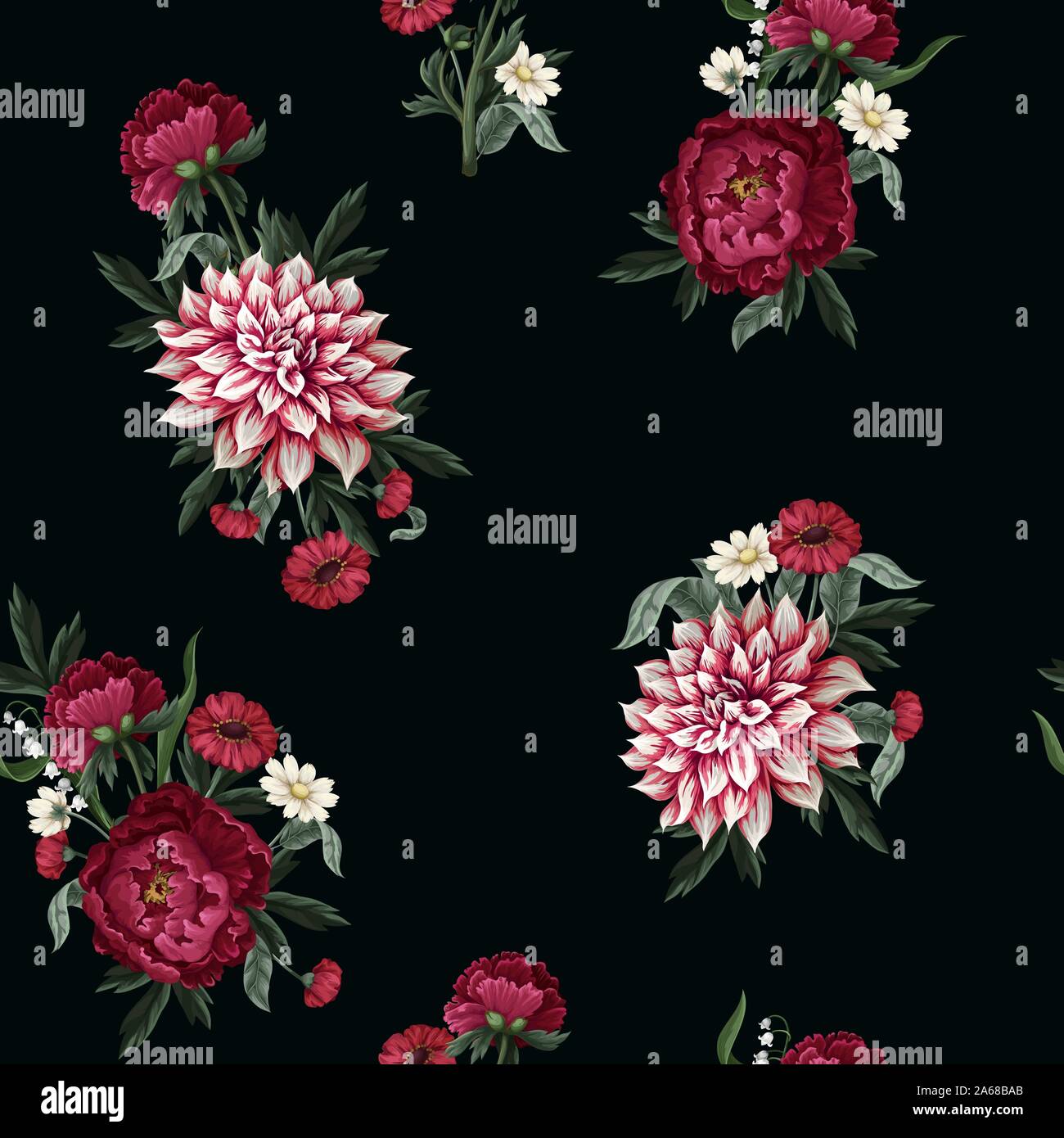 Seamless pattern with dahlia, peonies and wild flowers. Vector. Stock Vector
