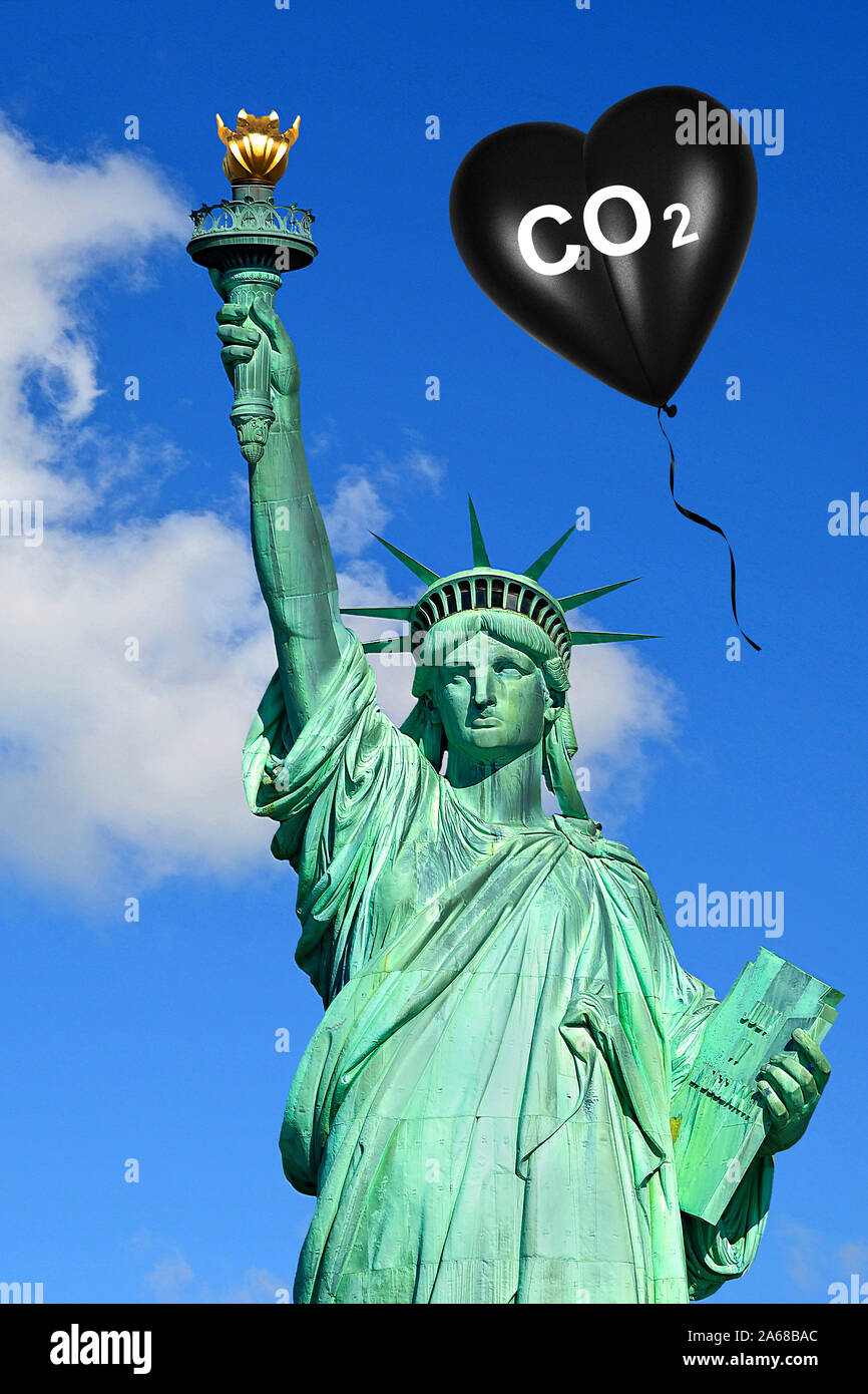 Schwarzes Herz, Luftballon, Herzluftballon, Aufdruck: CO2, Schadstoffe, unbrennbar, Gas, Atemluft, Erkrankung, Umwelt, Umweltverschmutzung,. Kalender, Stock Photo