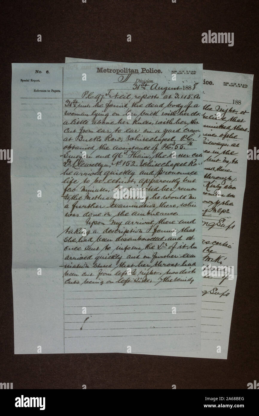 Replica memorabilia relating to Jack The Ripper: Metropolitan Police report of 31 Aug 1888 following the murder of the first victim, Mary Ann Nichols. Stock Photo
