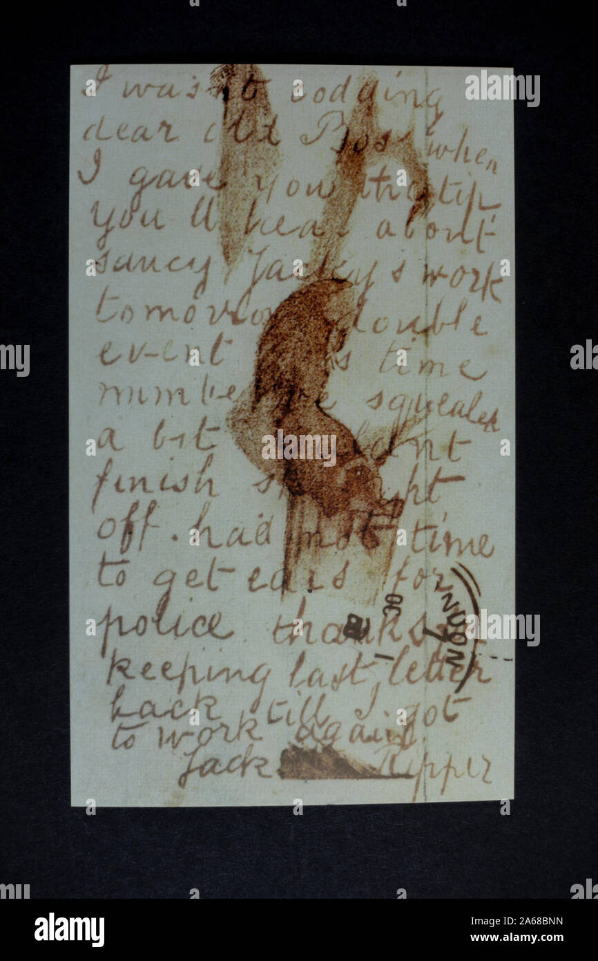 Replica memorabilia relating to Jack The Ripper: The 'Saucy Jacky' Postcard, in the same hand as the 'Dear Boss' letter. Stock Photo