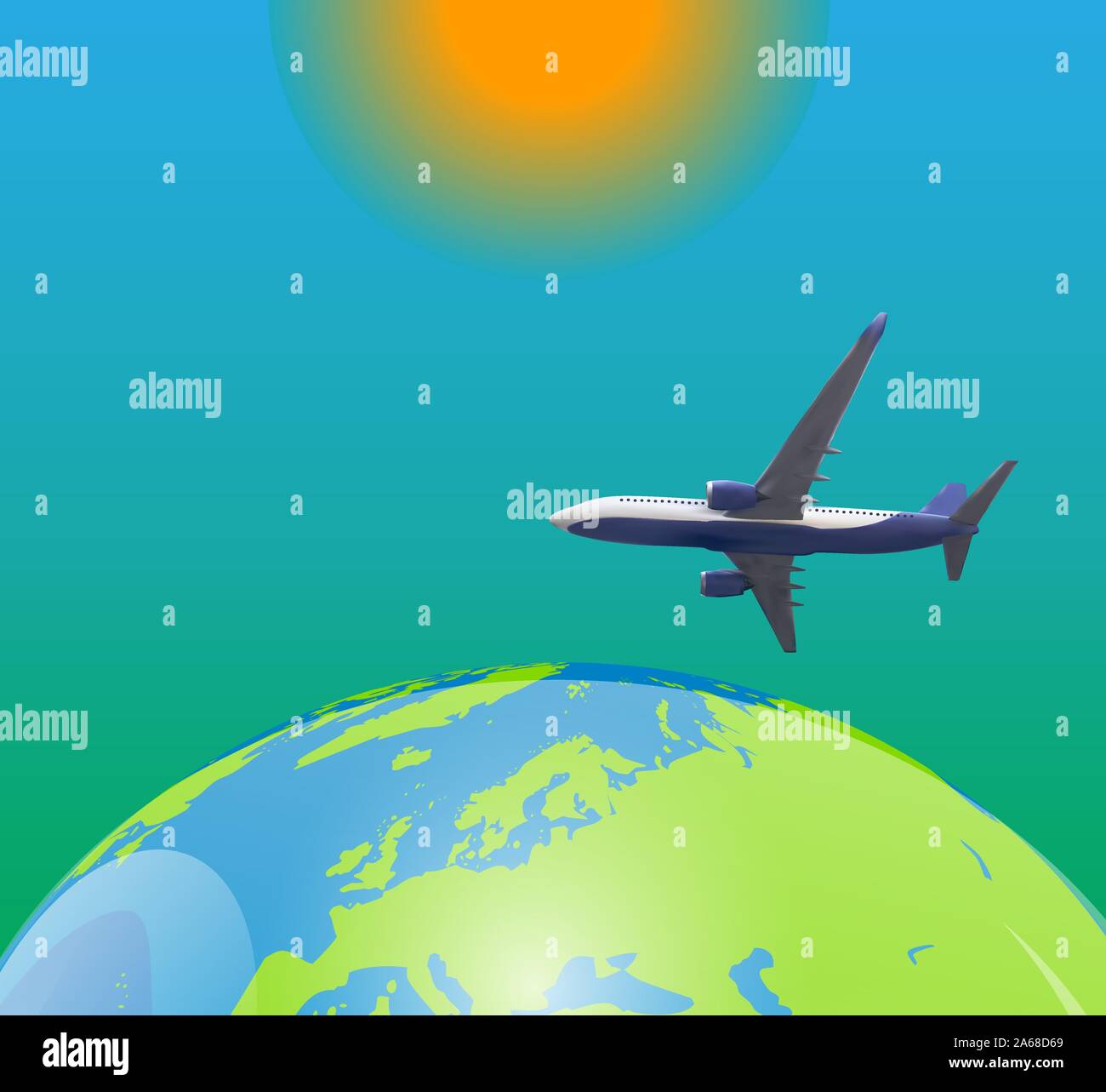 Naturalistic view of an airplane flying in the sky above planet Earth ...