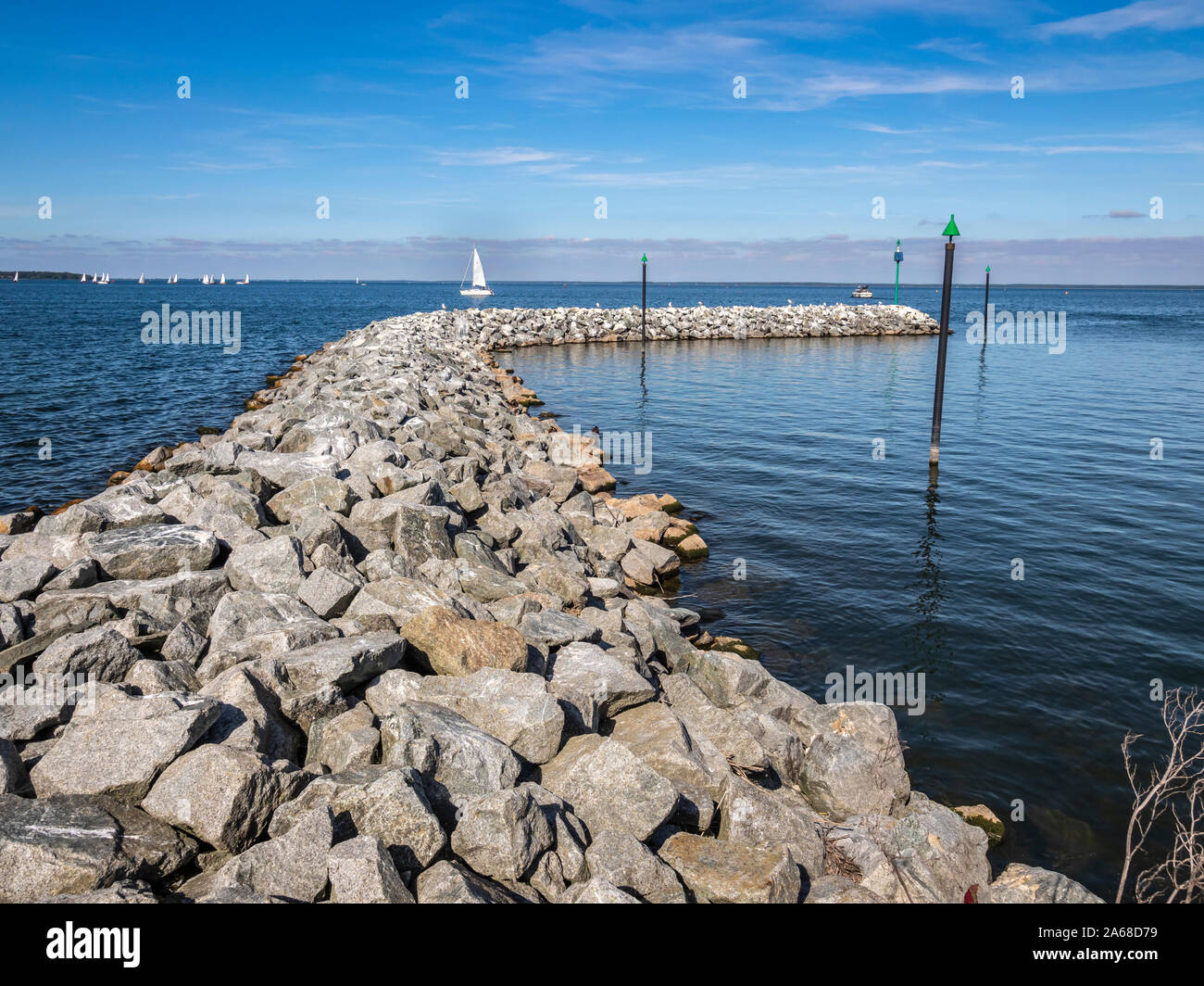 Pier at village Rechlin, lake Mueritz, sailing boats on the lake, Mueritz National Park, Germany Stock Photo