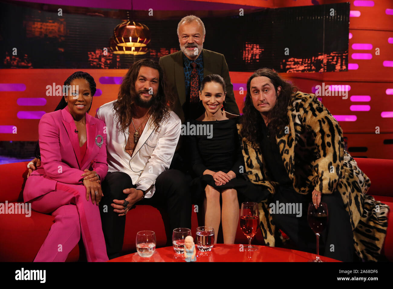 Host Graham Norton With Seated Left To Right Regina King Emilia Clarke Jason Momoa And Ross Noble During The Filming For The Graham Norton Show At Bbc Studioworks 6 Television Centre Wood