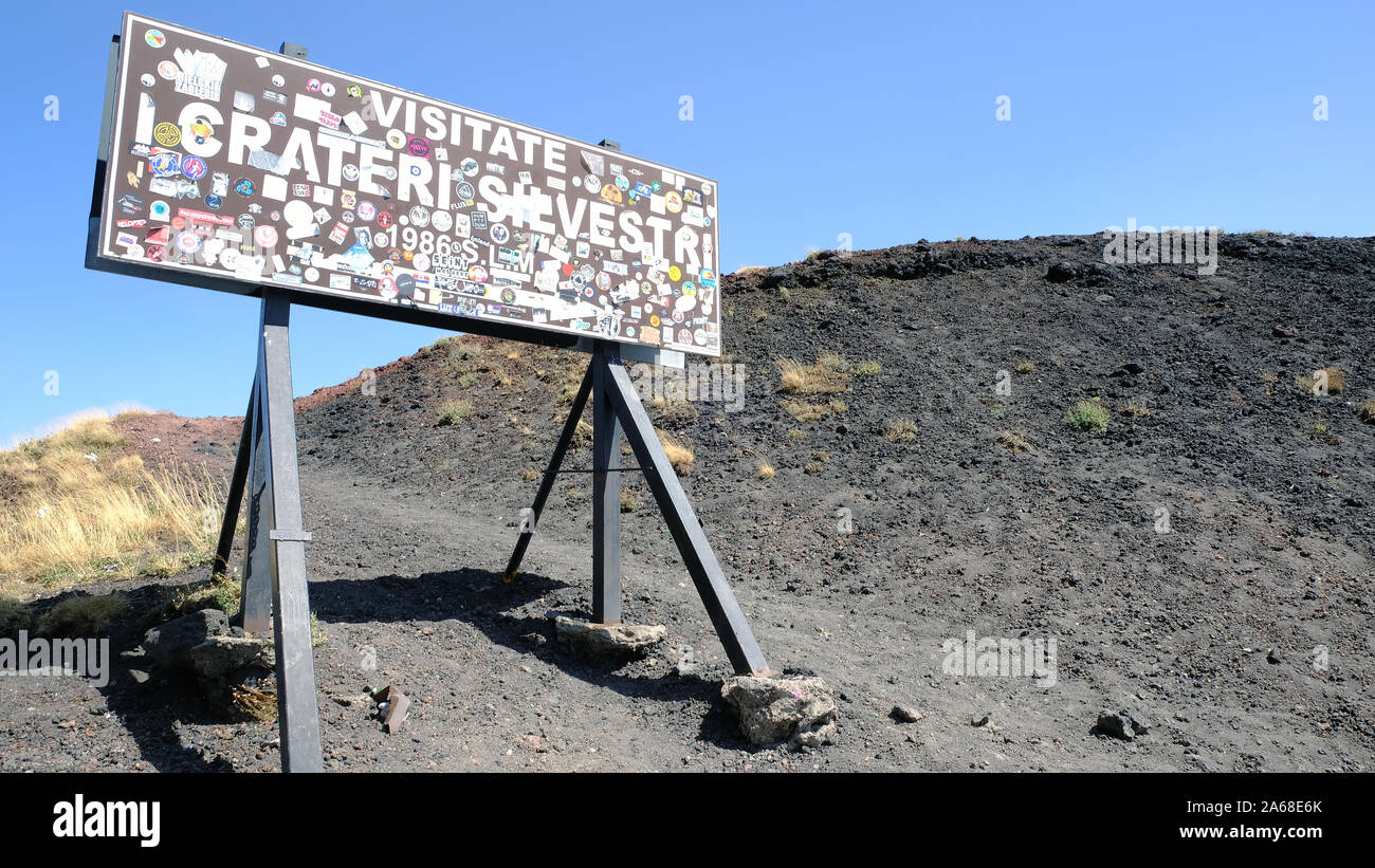 Silvestri Craters Visitor's sign,Mount Etna (Volcano), Sicily, Italy. Stock Photo