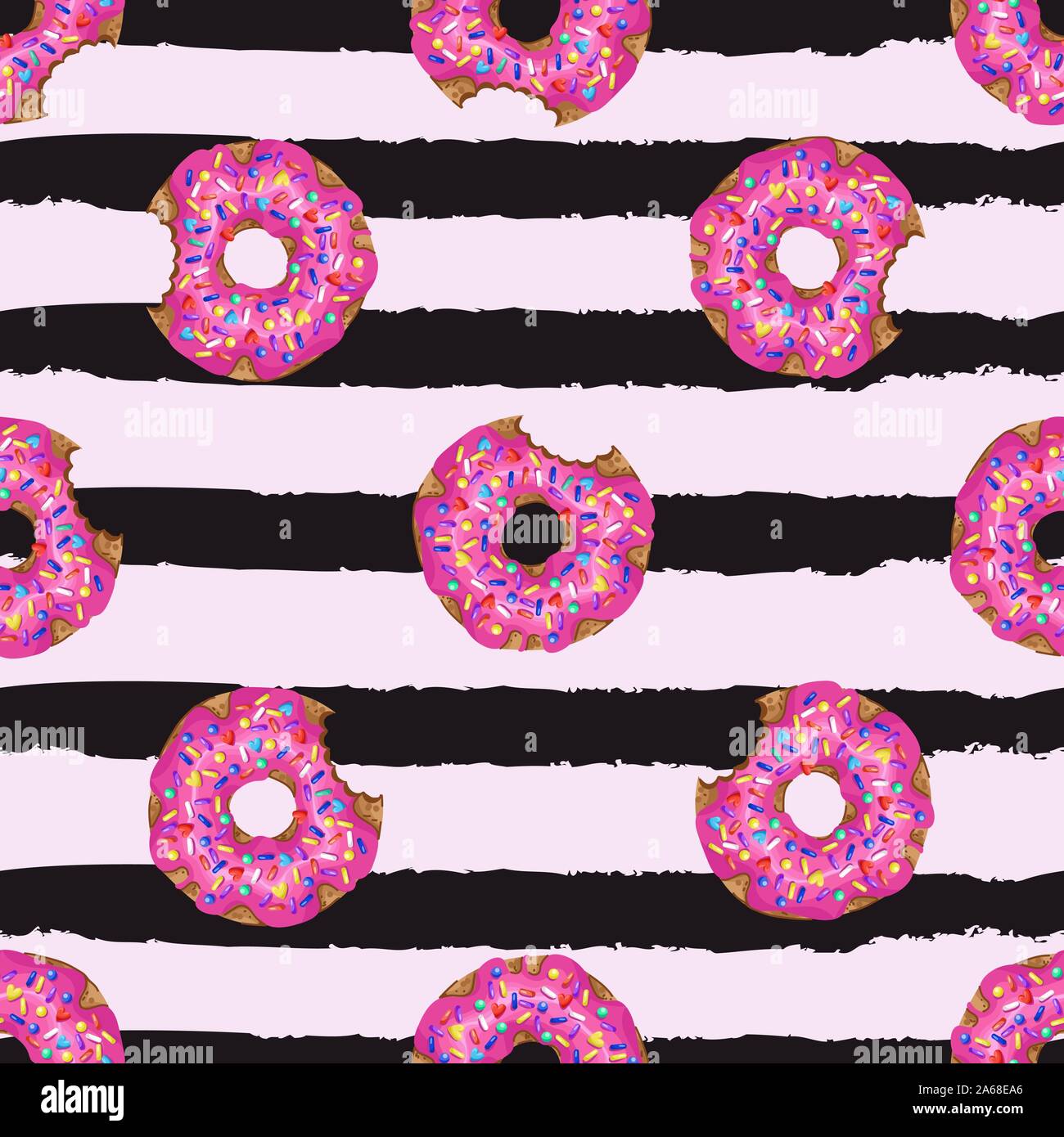 Seamless pattern with yummy donuts on striped background. Vector. Stock Vector