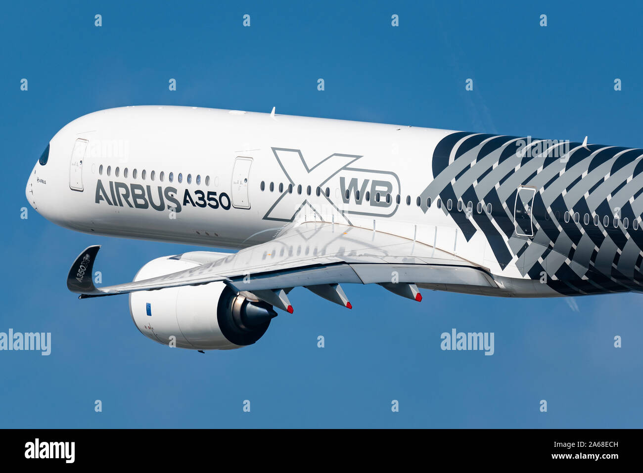 Demonstration flight of the Airbus A350 XWB long-range, twin-engine passenger airplane at the Maks 2019 airshow in Moscow. Stock Photo