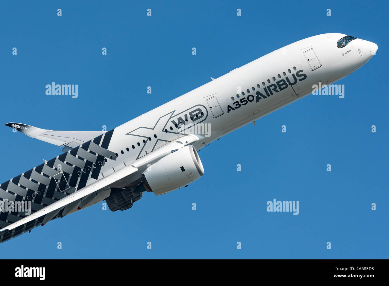 Demonstration flight of the Airbus A350 XWB long-range, twin-engine passenger airplane at the Maks 2019 airshow in Moscow. Stock Photo