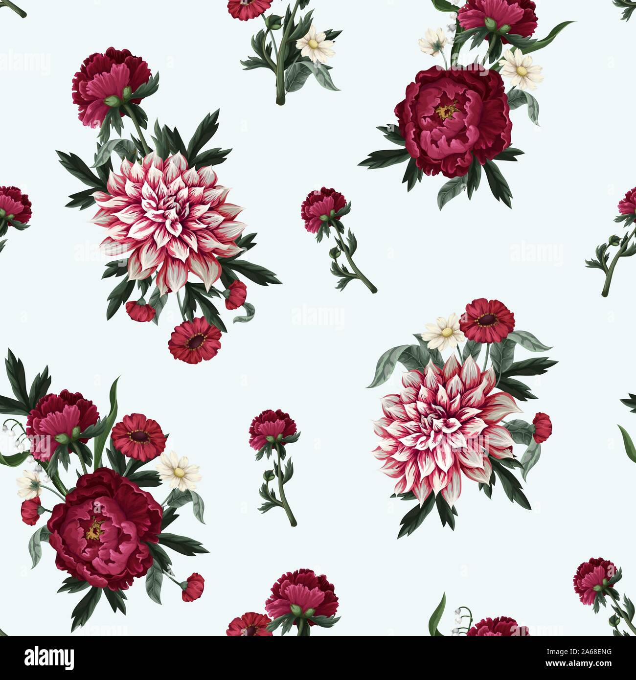 Seamless pattern with dahlia, peonies and wild flowers. Vector. Stock Vector