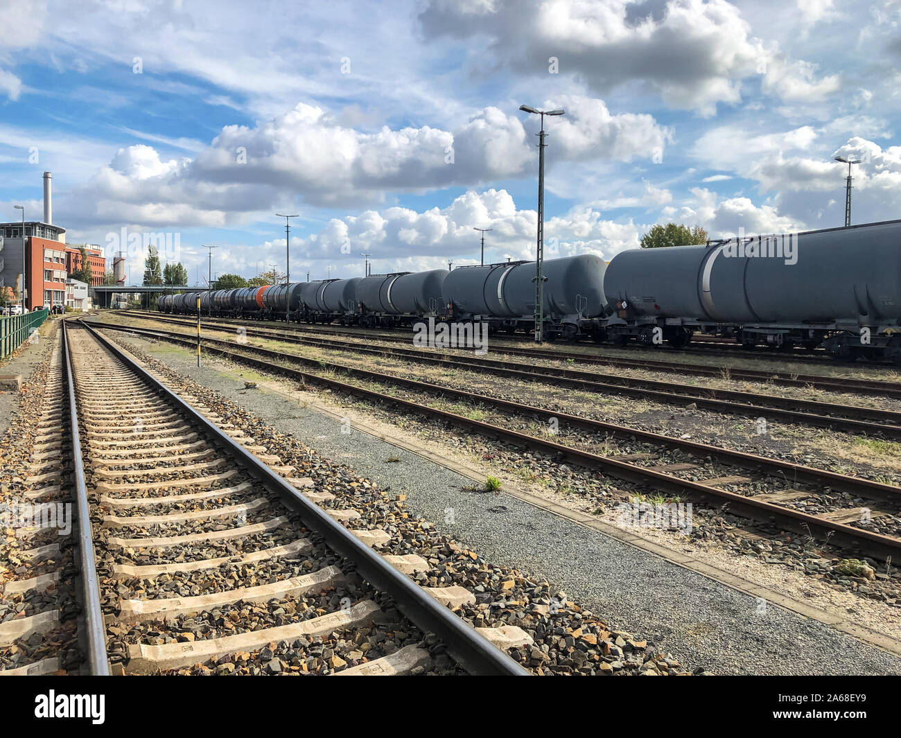 Thi si a picture of rail tracks and a cargo trains liquid cargo cars Stock Photo
