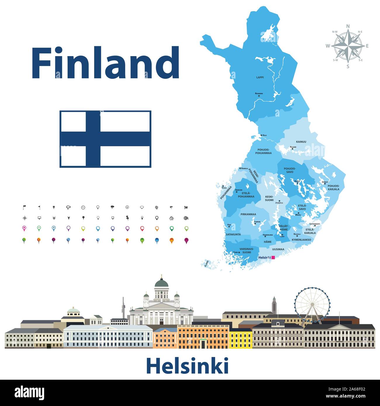 vector illustration of Finland regions map with names and capital cities on it. Helsinki cityscape Stock Vector