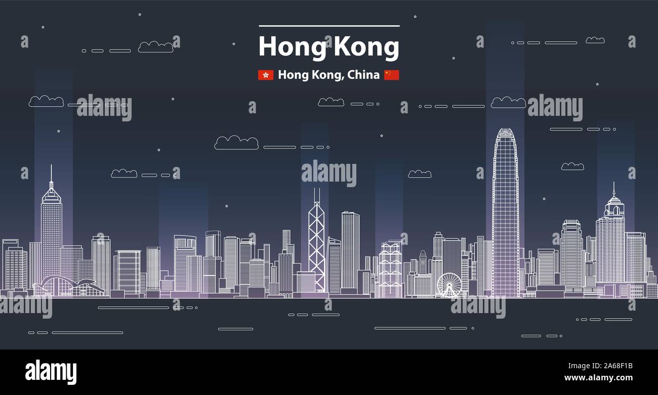 Hong Kong cityscape line art style vector detailed illustration. Travel