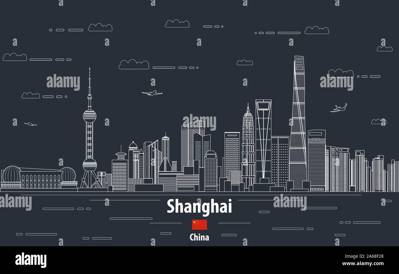 Shanghai cityscape line art style vector detailed illustration. Travel background Stock Vector