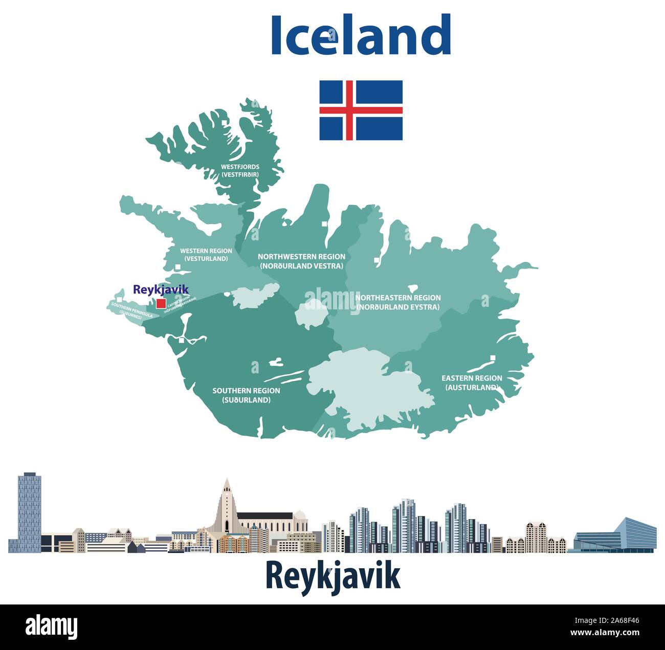 Iceland map with reykjavik city skyline. Vector illustration Stock Vector