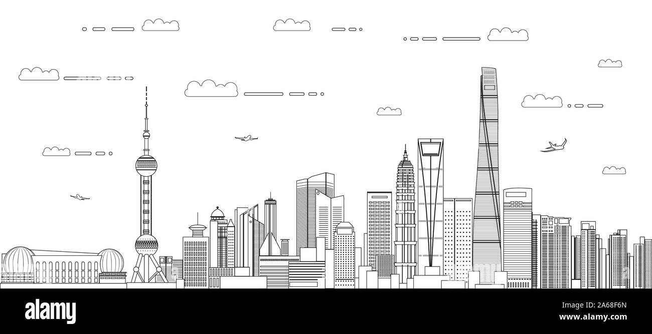 Shanghai cityscape line art style vector detailed abstrct illustration. Travel background Stock Vector