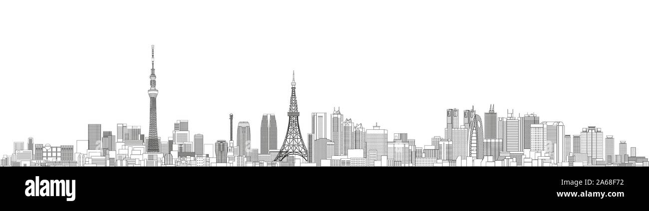 Tokyo cityscape line art style vector detailed illustration. Travel background Stock Vector