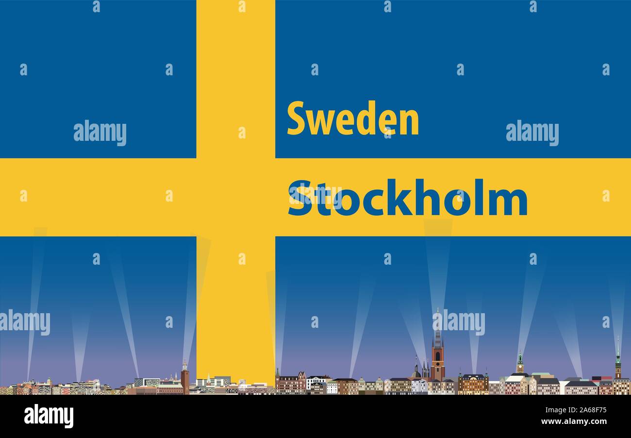 vector travel poster with Stockholm city skyline silhouette and swedish flag on background Stock Vector