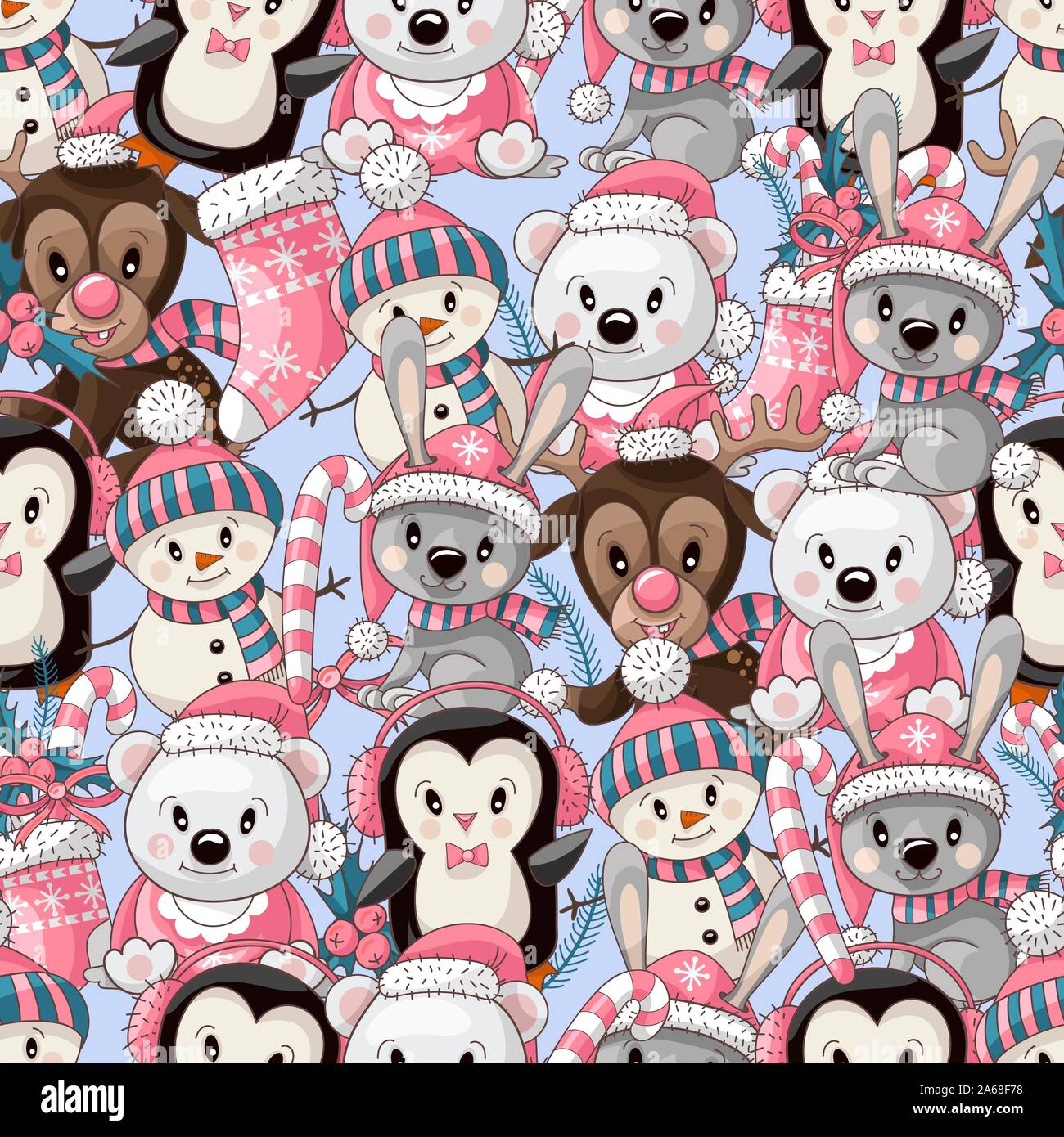 Seamless pattern with cute baby animals on Christmas wear. Vector Stock ...