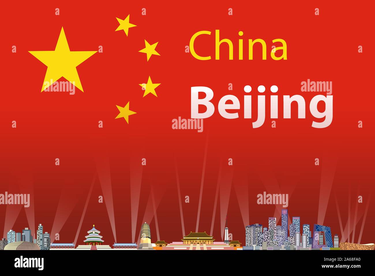 Vector illustration of Beijing city skyline with flag of China on background Stock Vector