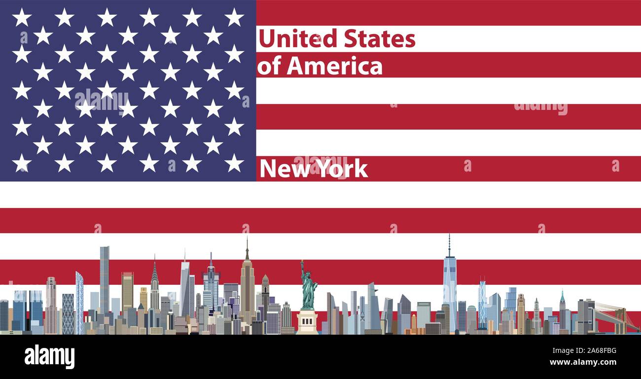 vector travel poster with New York city skyline silhouette and United States flag on background Stock Vector